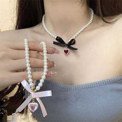 Heart Pendant Ribbon Faux Pearl Choker