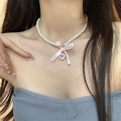 Heart Pendant Ribbon Faux Pearl Choker