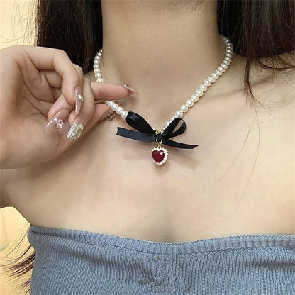 Heart Pendant Ribbon Faux Pearl Choker