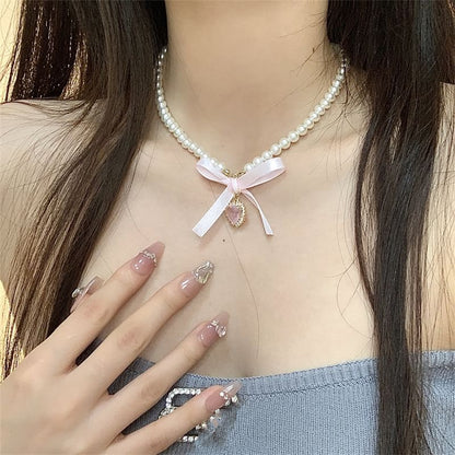 Heart Pendant Ribbon Faux Pearl Choker