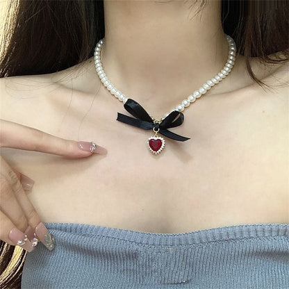 Heart Pendant Ribbon Faux Pearl Choker