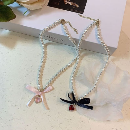 Heart Pendant Ribbon Faux Pearl Choker