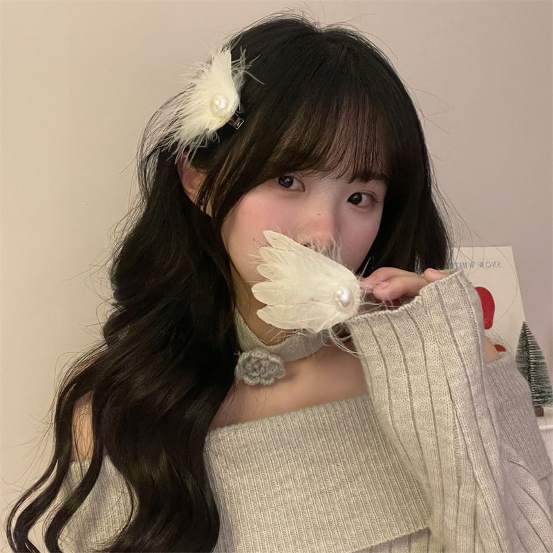 Set of 2: Feather Faux Pearl Hair Clip