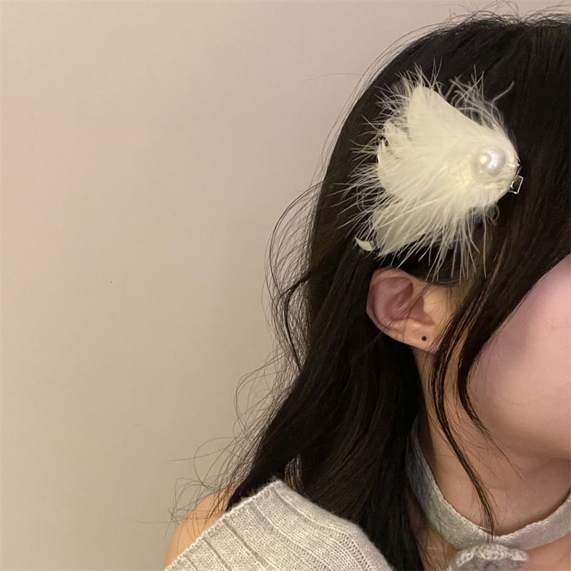 Set of 2: Feather Faux Pearl Hair Clip