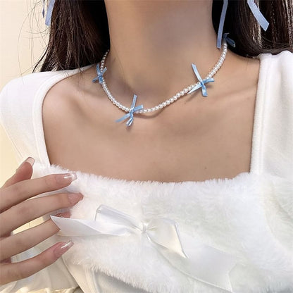 Faux Pearl Ribbon Choker