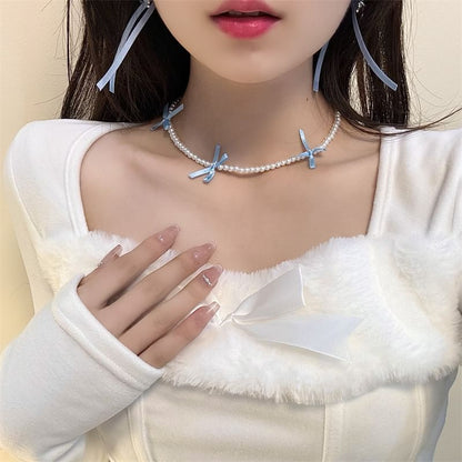 Faux Pearl Ribbon Choker