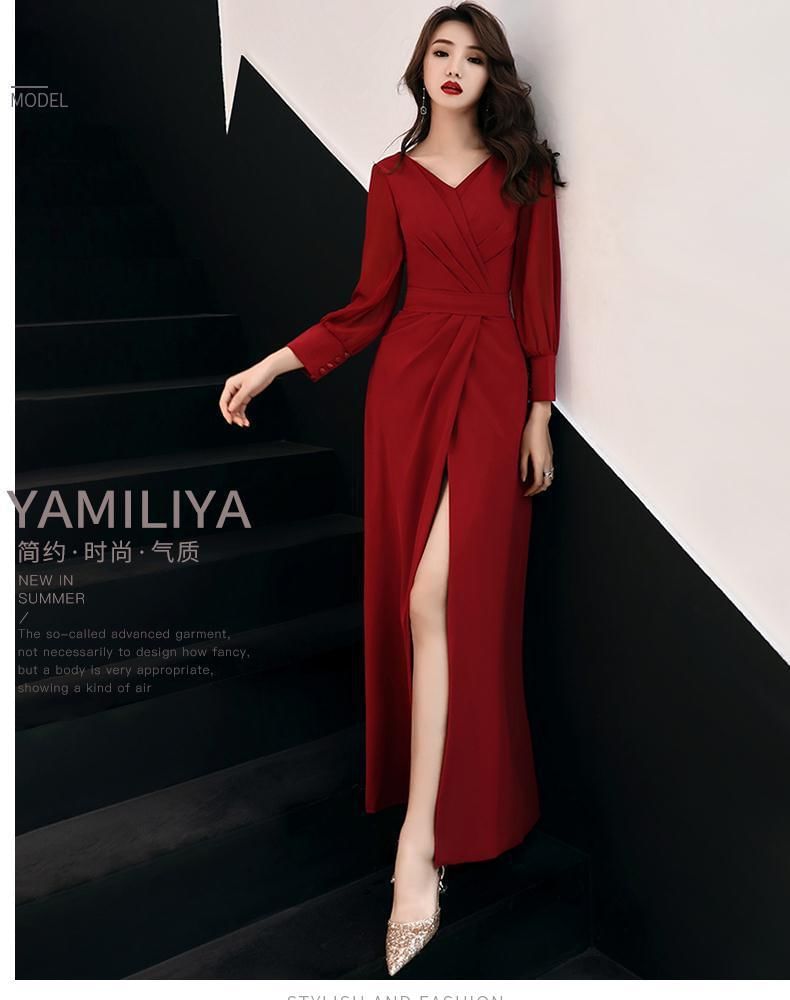 Long-Sleeve V-Neck Plain Ruched Slit Maxi Sheath Dress