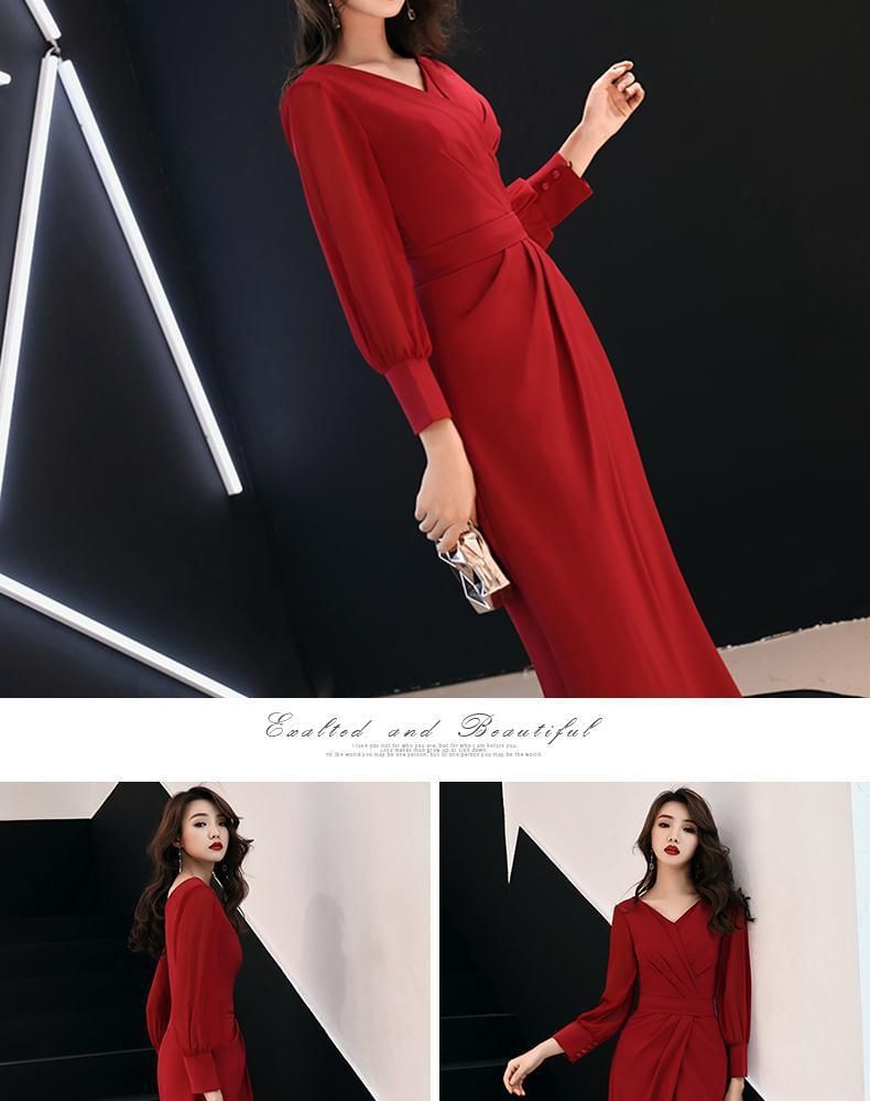 Long-Sleeve V-Neck Plain Ruched Slit Maxi Sheath Dress