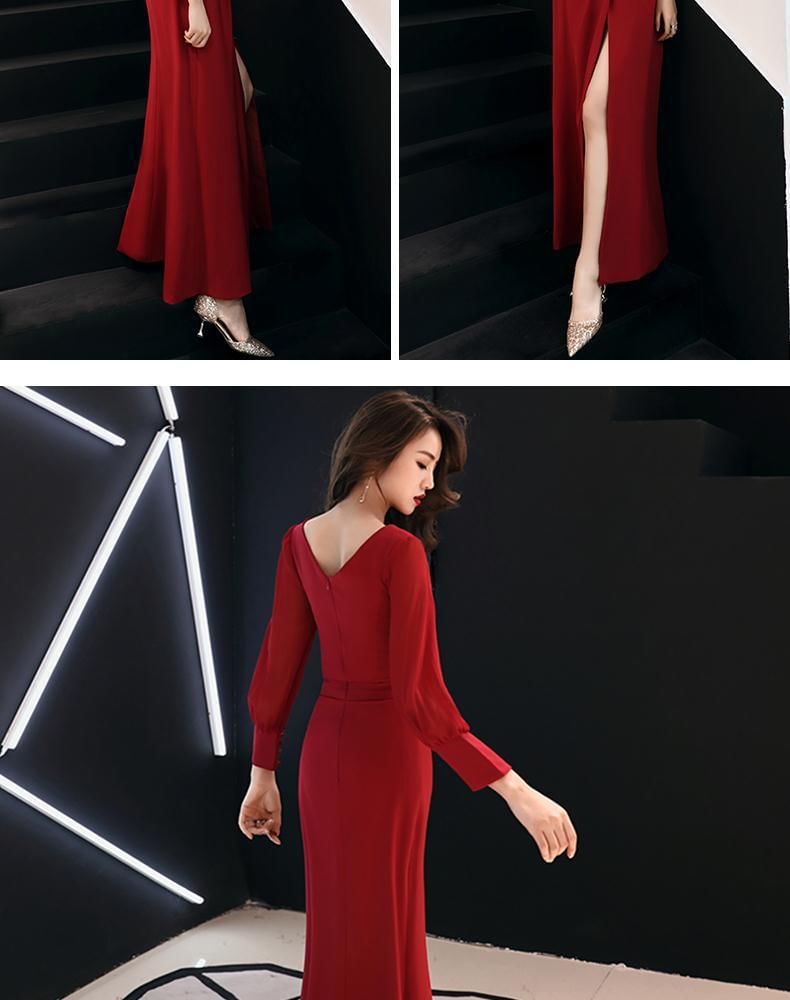 Long-Sleeve V-Neck Plain Ruched Slit Maxi Sheath Dress