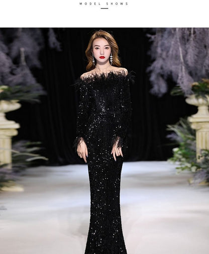 Long-Sleeve Off Shoulder Plain Sequin Feather Trim Sheath Evening Dress