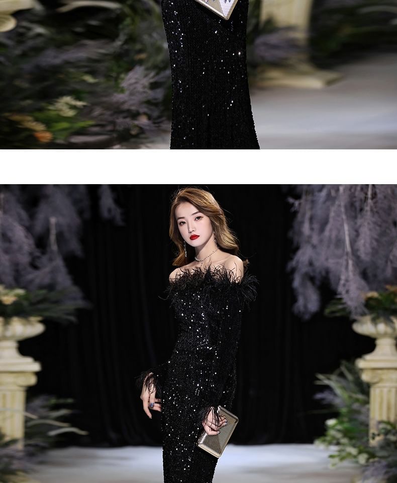 Long-Sleeve Off Shoulder Plain Sequin Feather Trim Sheath Evening Dress