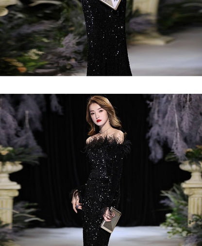 Long-Sleeve Off Shoulder Plain Sequin Feather Trim Sheath Evening Dress