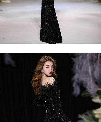 Long-Sleeve Off Shoulder Plain Sequin Feather Trim Sheath Evening Dress