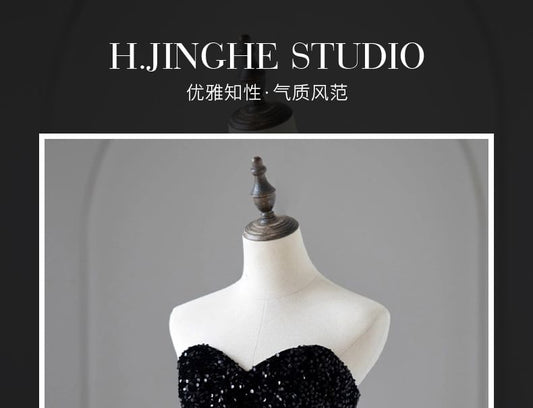 Two Tone Sequin Ruffle Panel Mermaid Tube Evening Gown