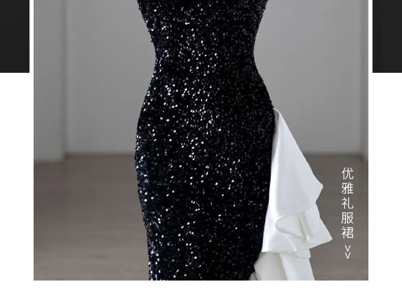 Two Tone Sequin Ruffle Panel Mermaid Tube Evening Gown