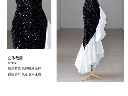 Two Tone Sequin Ruffle Panel Mermaid Tube Evening Gown