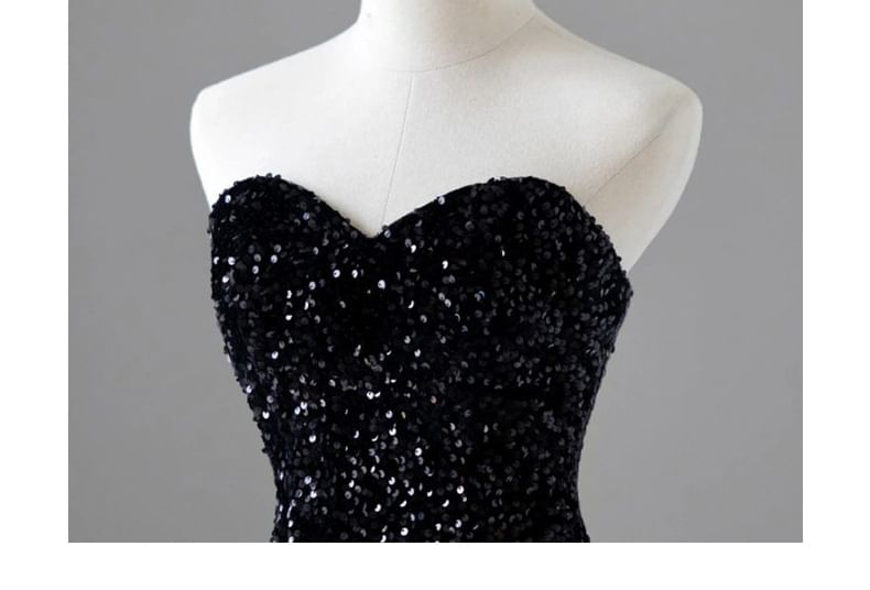 Two Tone Sequin Ruffle Panel Mermaid Tube Evening Gown