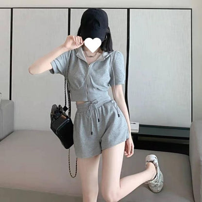 Drawstring Plain Sweat Set: Zip + Shorts Hoodie Short-Sleeve Waist