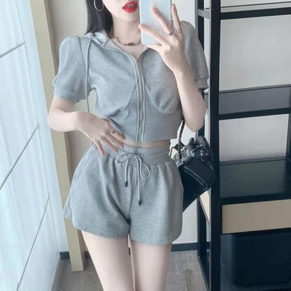 Drawstring Plain Sweat Set: Zip + Shorts Hoodie Short-Sleeve Waist