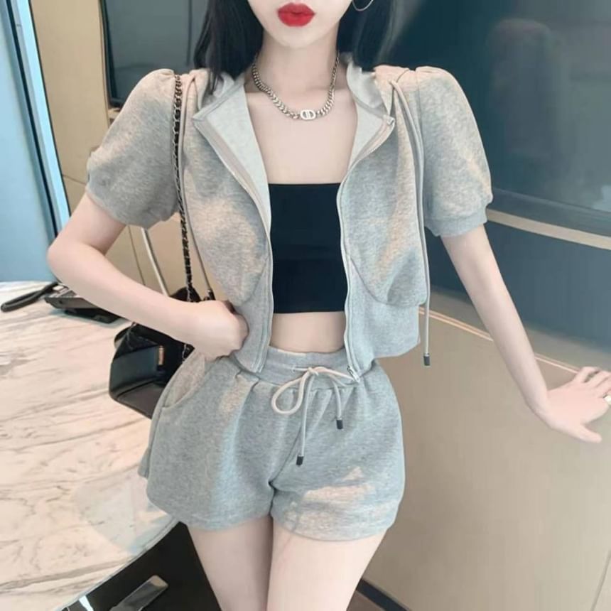 Drawstring Plain Sweat Set: Zip + Shorts Hoodie Short-Sleeve Waist