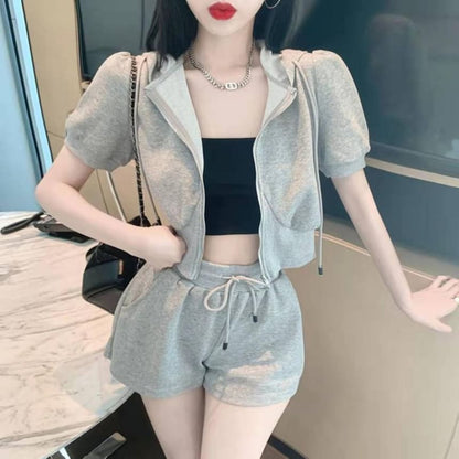 Drawstring Plain Sweat Set: Zip + Shorts Hoodie Short-Sleeve Waist