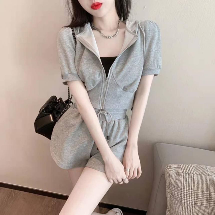 Drawstring Plain Sweat Set: Zip + Shorts Hoodie Short-Sleeve Waist