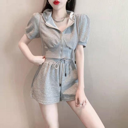 Drawstring Plain Sweat Set: Zip + Shorts Hoodie Short-Sleeve Waist