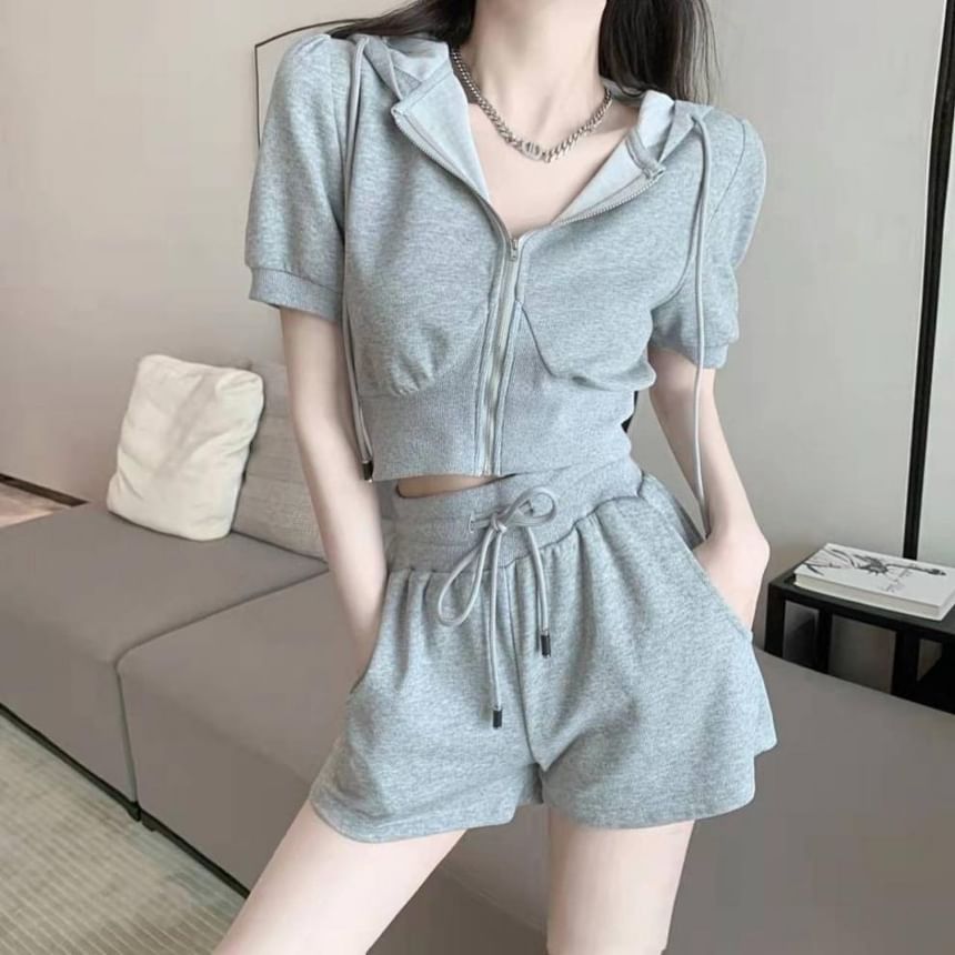 Drawstring Plain Sweat Set: Zip + Shorts Hoodie Short-Sleeve Waist