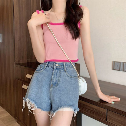 Contrast Top Scoop Neck Trim Knit Crop