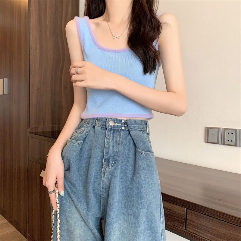 Contrast Top Scoop Neck Trim Knit Crop