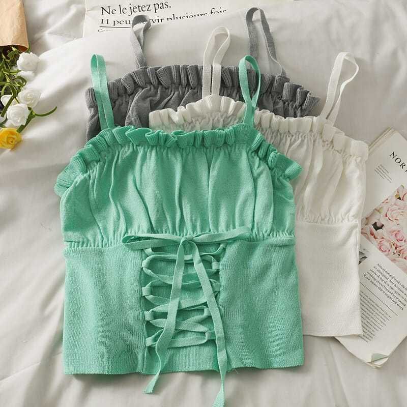 Camisole Up Ruched Crop Lace Plain Top