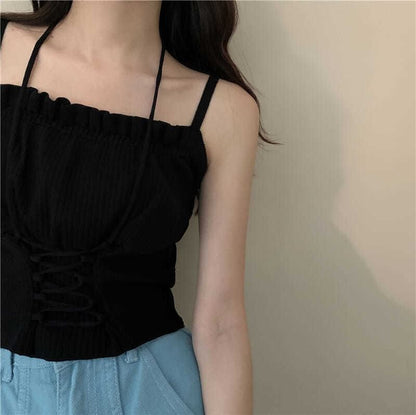 Camisole Up Ruched Crop Lace Plain Top