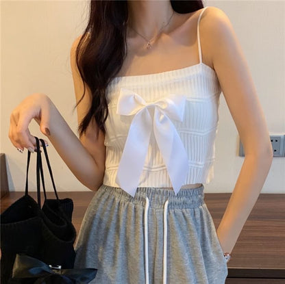 Top Camisole Ribbed Knit Bow Plain