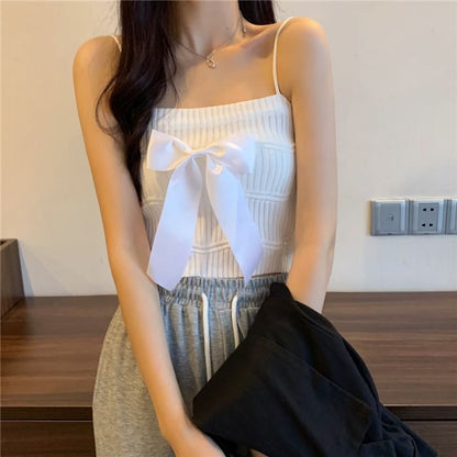 Top Camisole Ribbed Knit Bow Plain
