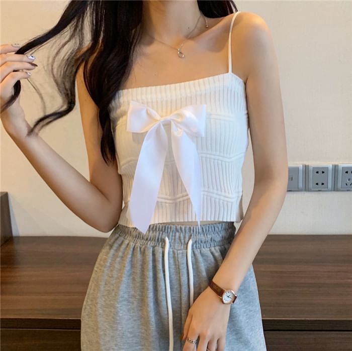 Top Camisole Ribbed Knit Bow Plain
