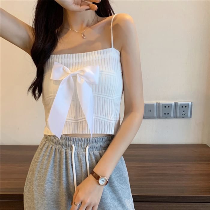 Top Camisole Ribbed Knit Bow Plain