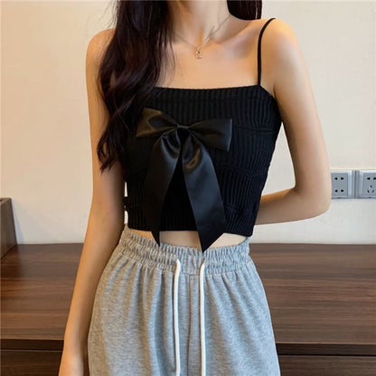 Top Camisole Ribbed Knit Bow Plain