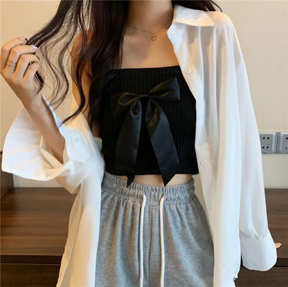 Top Camisole Ribbed Knit Bow Plain