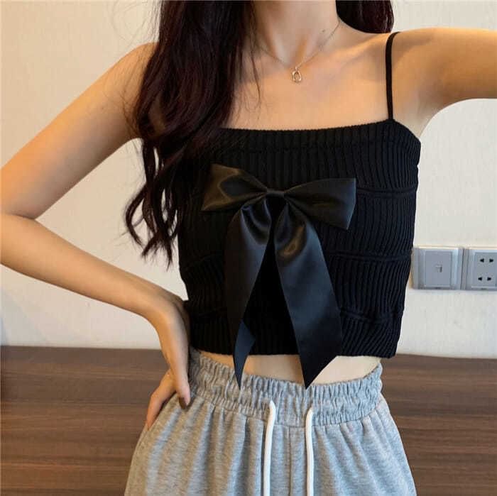 Top Camisole Ribbed Knit Bow Plain