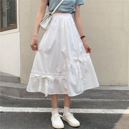 Panel Bow Waist Plain A-Line Skirt Elastic Midi