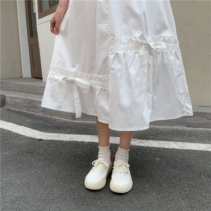 Panel Bow Waist Plain A-Line Skirt Elastic Midi