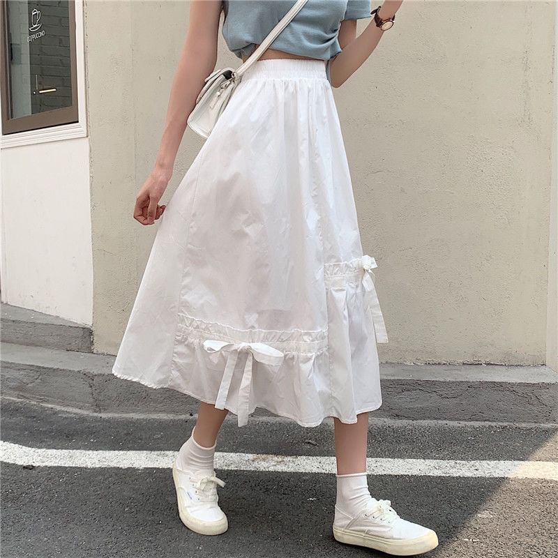 Panel Bow Waist Plain A-Line Skirt Elastic Midi