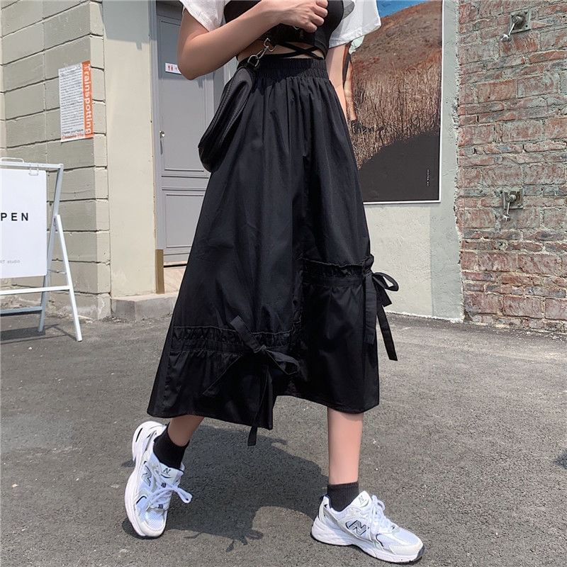 Panel Bow Waist Plain A-Line Skirt Elastic Midi