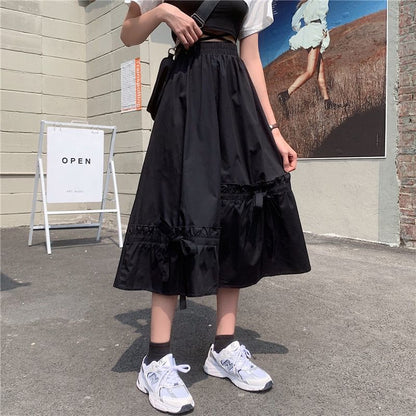 Panel Bow Waist Plain A-Line Skirt Elastic Midi