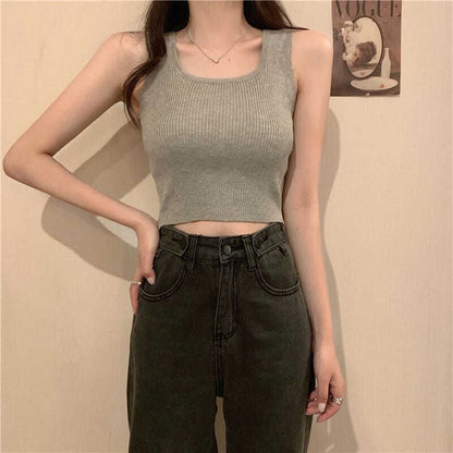 Plain Ribbed Top Square Tank Neck Knit