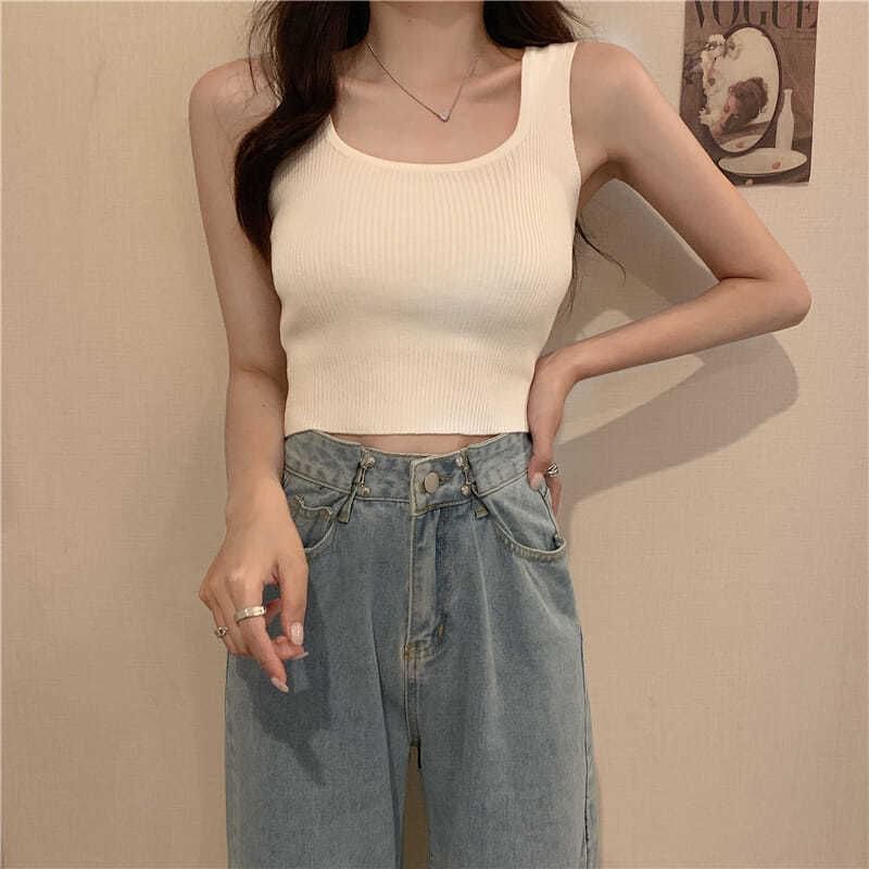 Plain Ribbed Top Square Tank Neck Knit