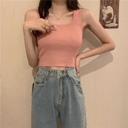 Plain Ribbed Top Square Tank Neck Knit