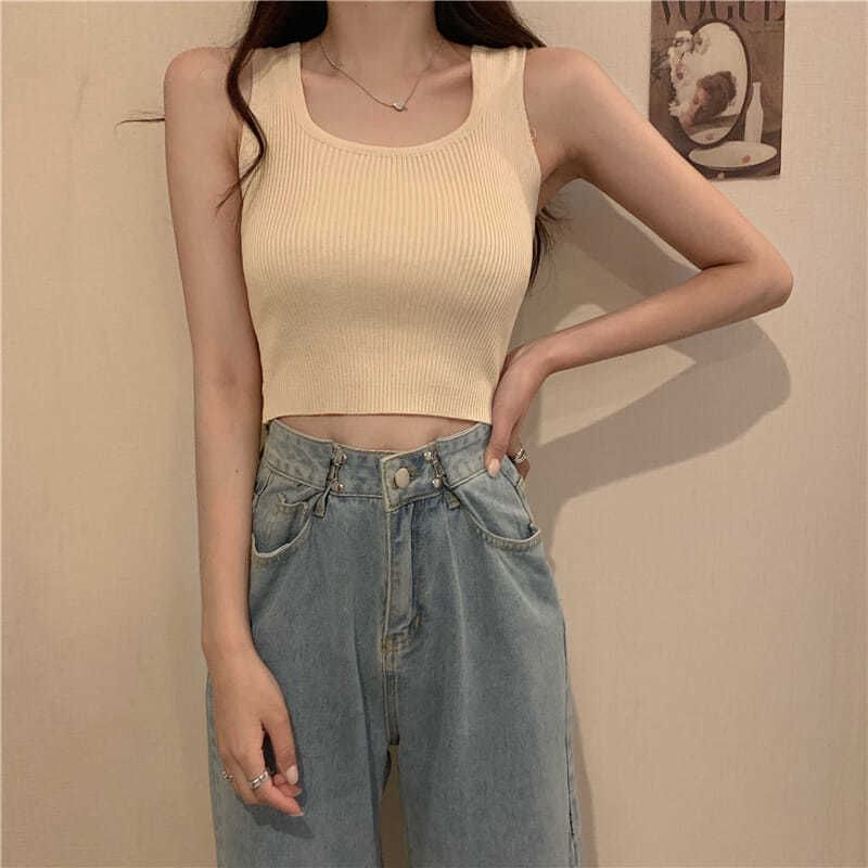 Plain Ribbed Top Square Tank Neck Knit