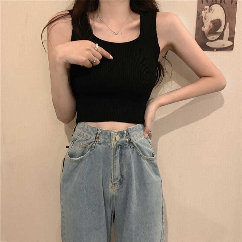 Plain Ribbed Top Square Tank Neck Knit