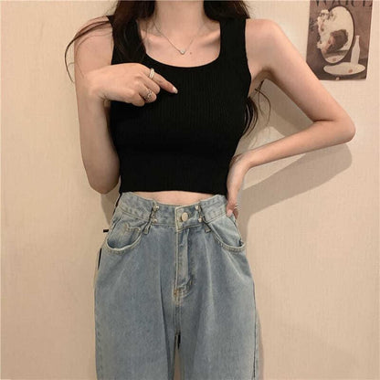 Plain Ribbed Top Square Tank Neck Knit